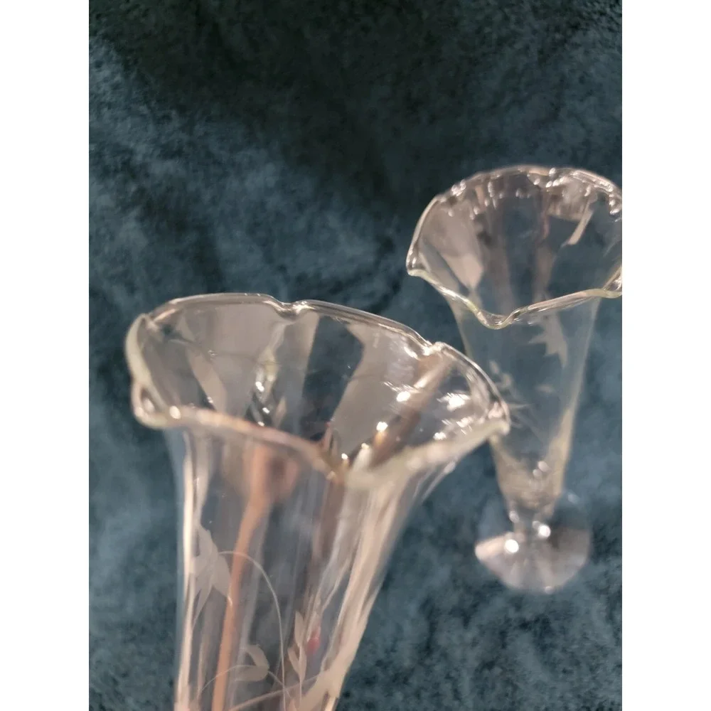 Vintage Etched Glass Bud Vases Pair Ruffled Rim Floral Trumpet Pedestal 10 Inch